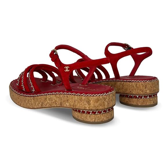Chanel Red Suede Chain Trim Cork Platform Sandals Ankle Strap CC Logo Size 36.5C - Picture 2 of 7